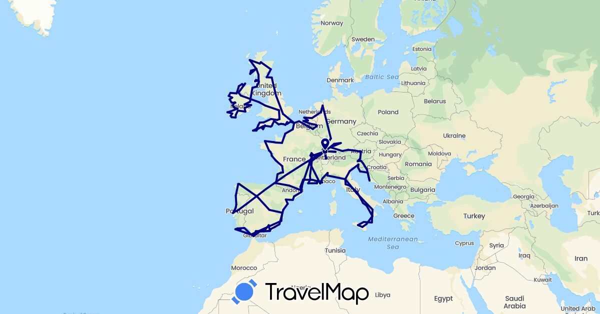 TravelMap itinerary: driving in Austria, Belgium, Switzerland, Germany, Spain, France, United Kingdom, Croatia, Ireland, Italy, Netherlands, Portugal, Slovenia (Europe)